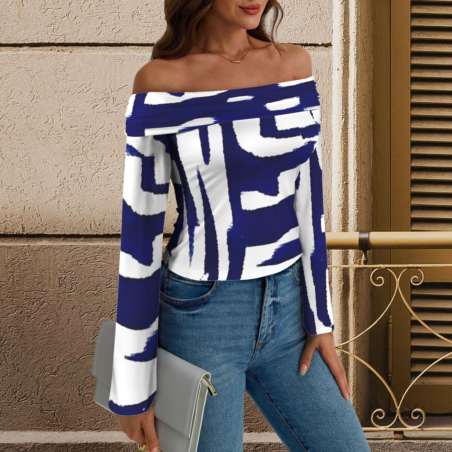 "Blue Bayou" Off Shoulder Long Sleeved Tee